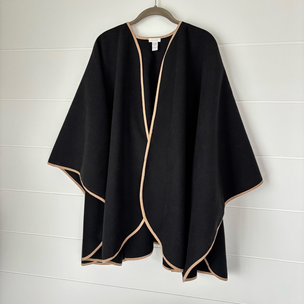 Chico's Elegant Black Cape with Camel Edging Size S/M Oversized - Picture 10 of 10